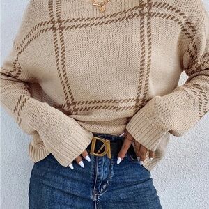 Plaid Knit Sweater in Cream and Brown